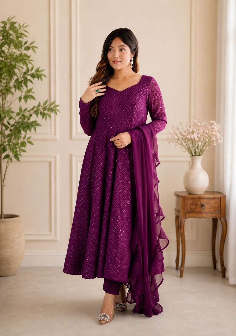 Wine Sequin Work Georgette Anarkali Set - Indya