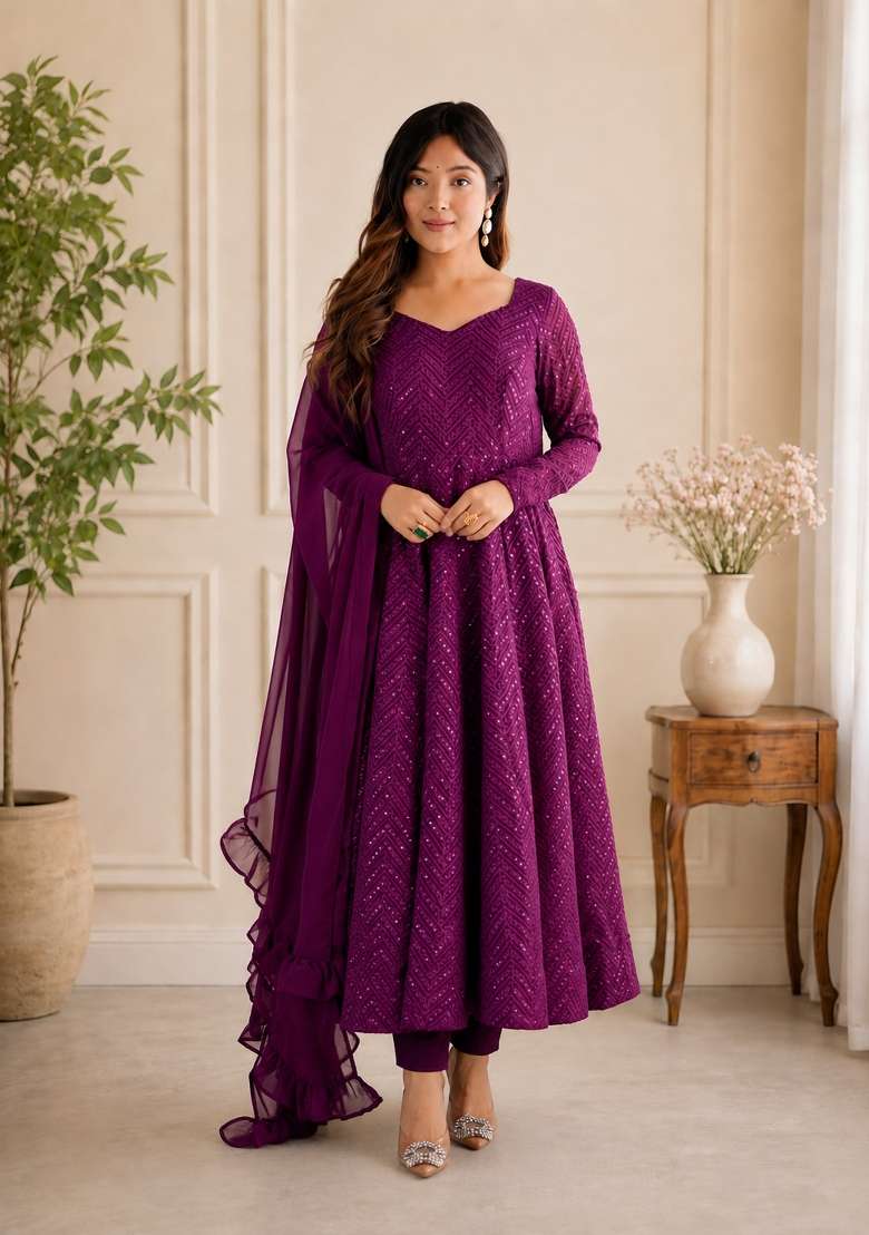 Wine Sequin Work Georgette Anarkali Set - Indya