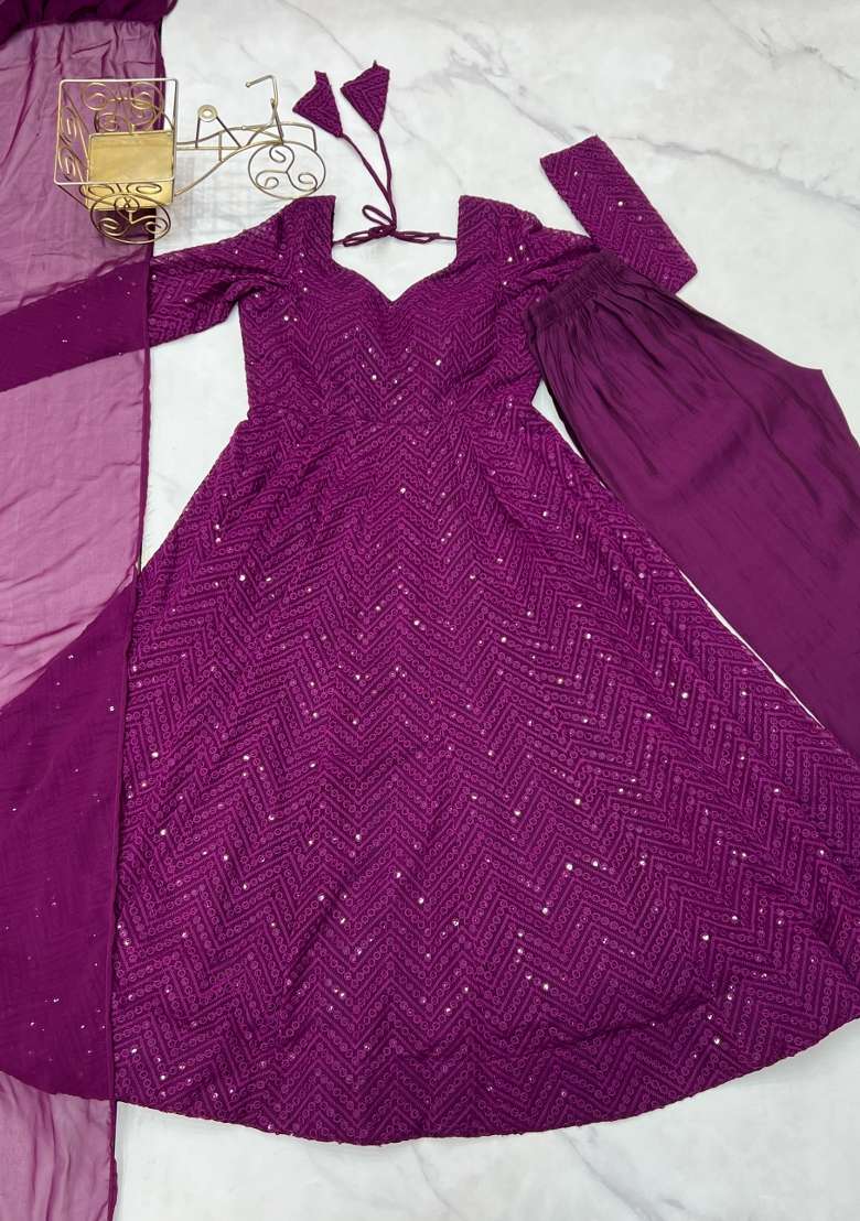 Wine Sequin Work Georgette Anarkali Set - Indya