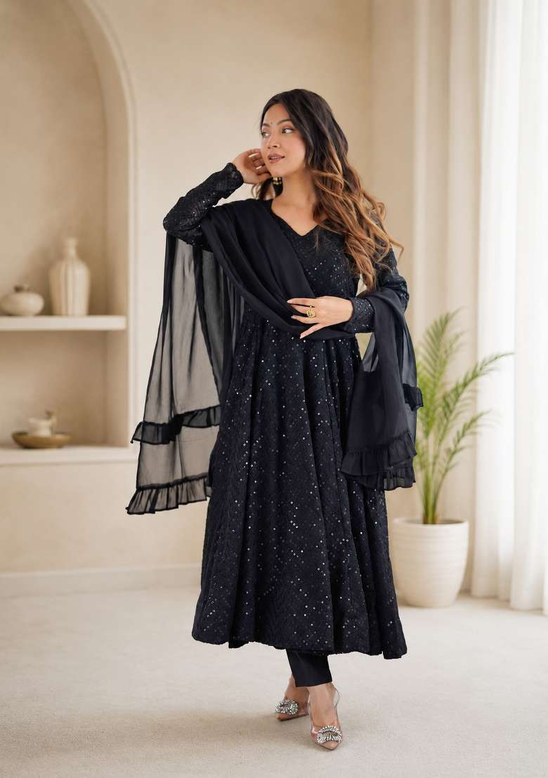 Black Sequin Work Georgette Anarkali Set - Indya