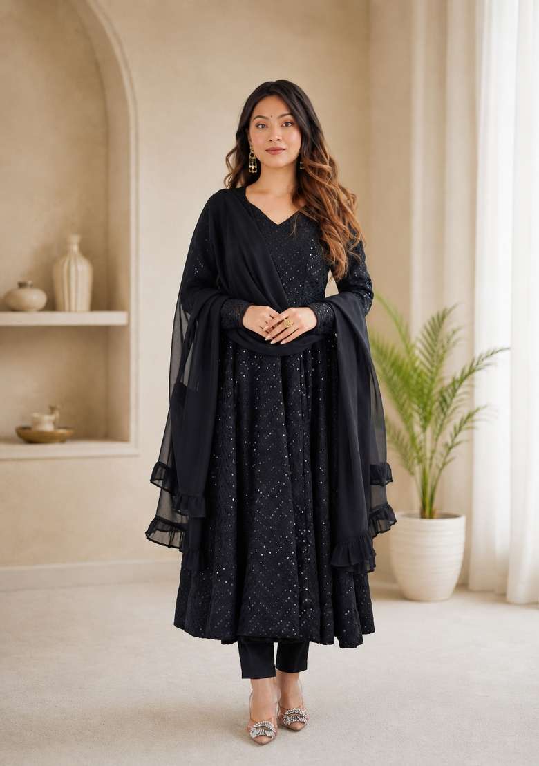 Black Sequin Work Georgette Anarkali Set - Indya