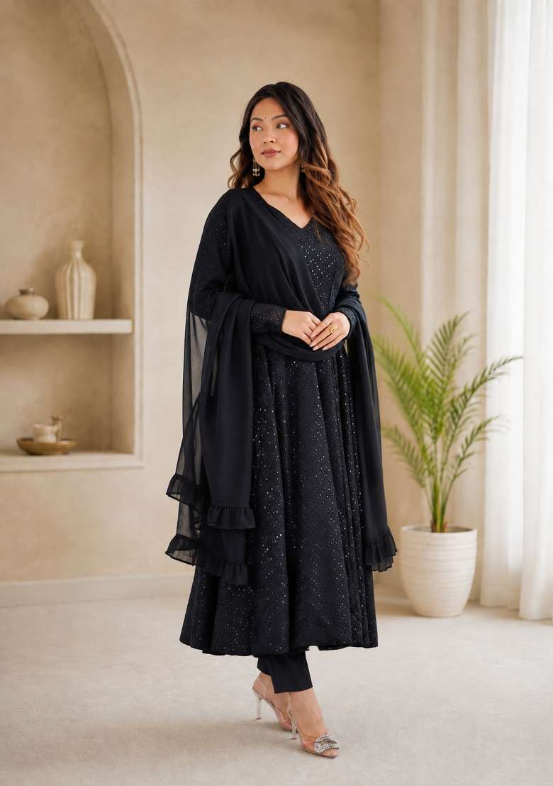 Black Sequin Work Georgette Anarkali Set - Indya