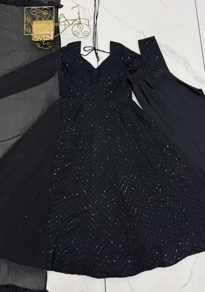 Black Sequin Work Georgette Anarkali Set - Indya