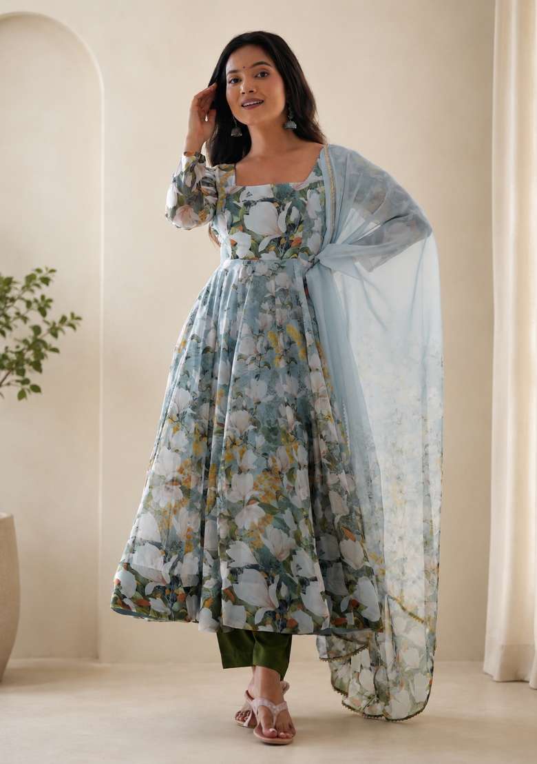 Sky Blue Floral Print Silk Anarkali Set - Indya