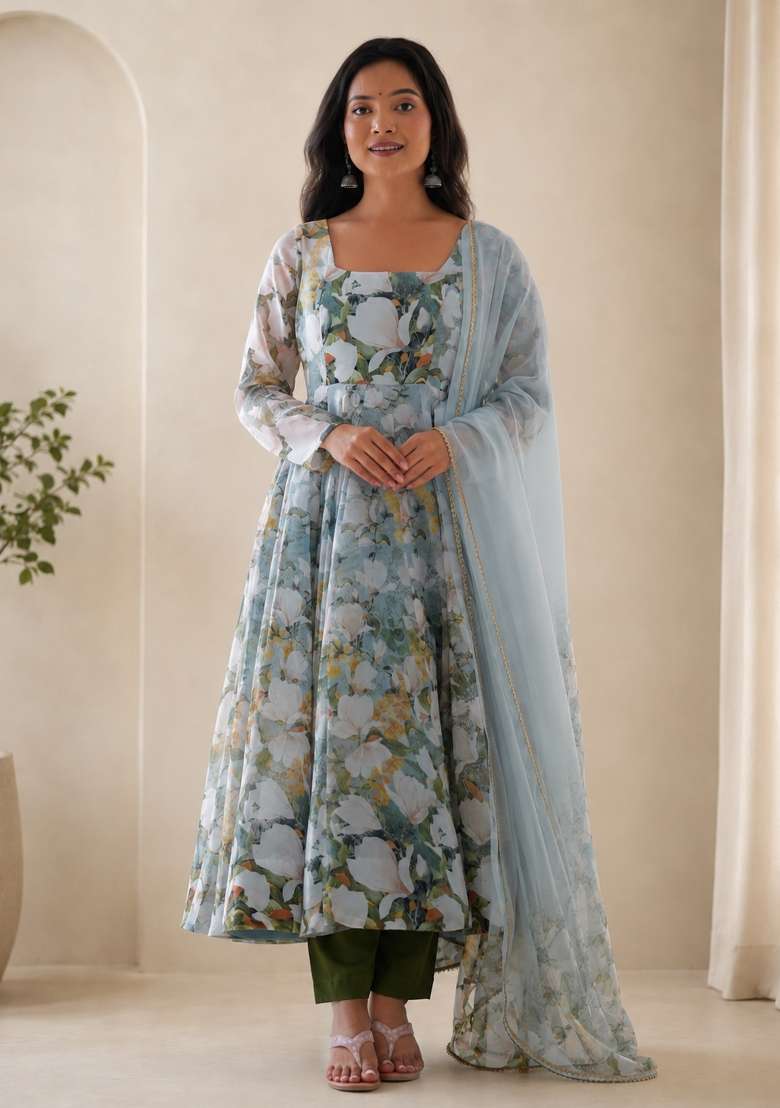Sky Blue Floral Print Silk Anarkali Set - Indya