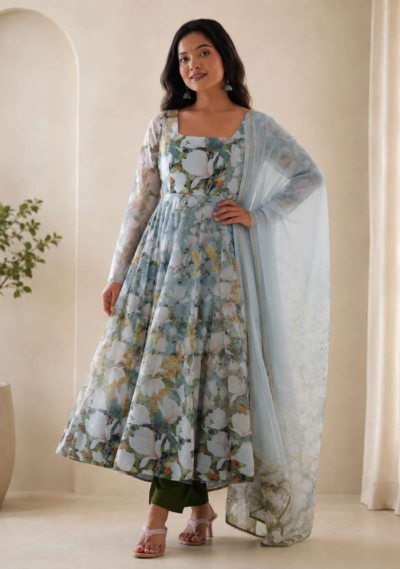 Sky Blue Floral Print Silk Anarkali Set - Indya