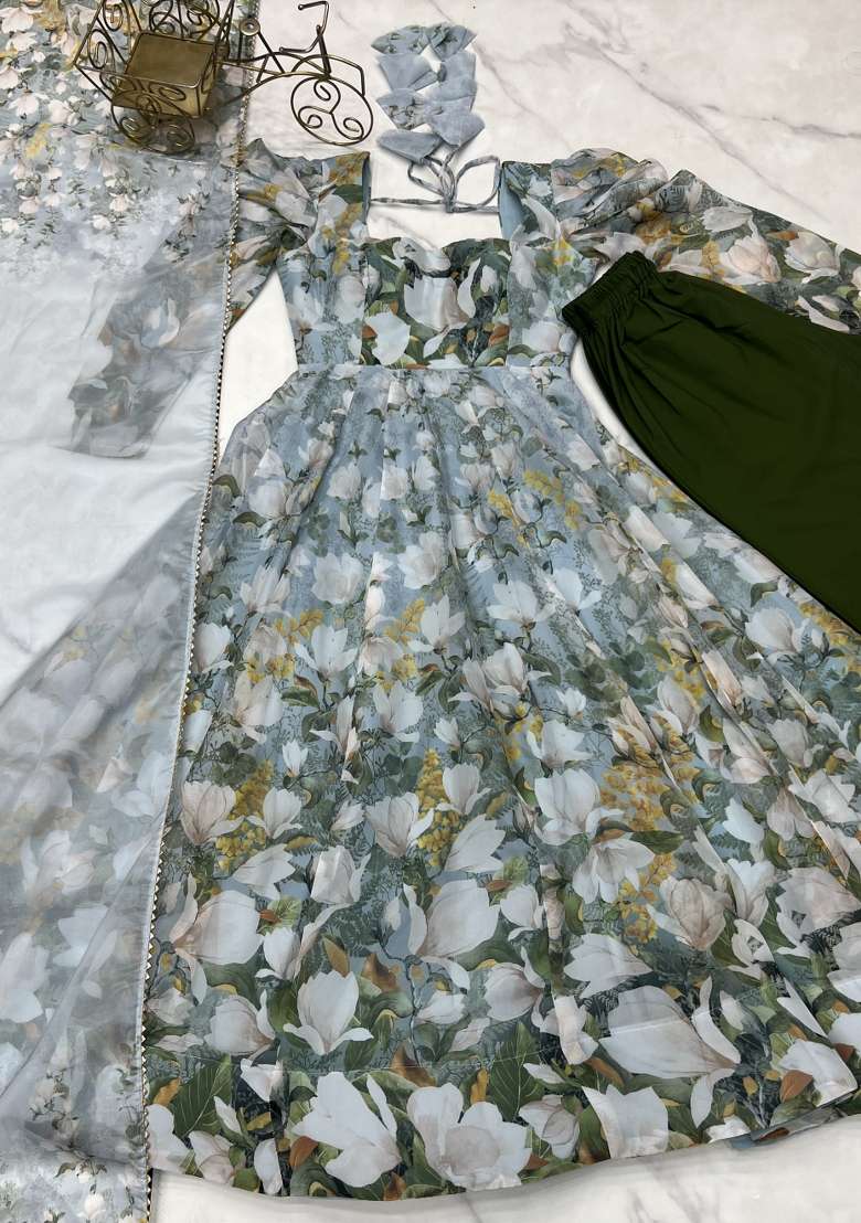 Sky Blue Floral Print Silk Anarkali Set - Indya