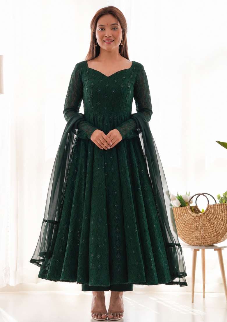Green Sequin Work Georgette Anarkali Set - Indya
