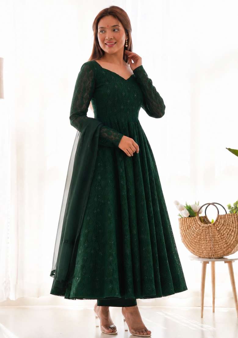 Green Sequin Work Georgette Anarkali Set - Indya