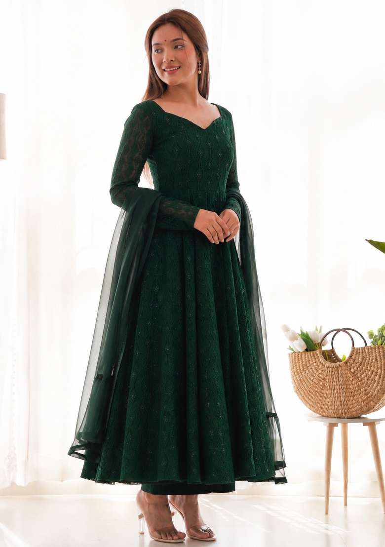 Green Sequin Work Georgette Anarkali Set - Indya
