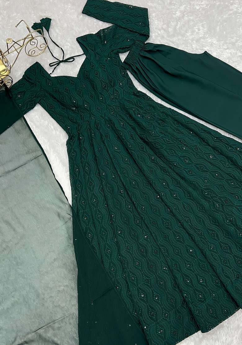 Green Sequin Work Georgette Anarkali Set - Indya