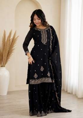 Black Sequin Work Silk Anarkali Set