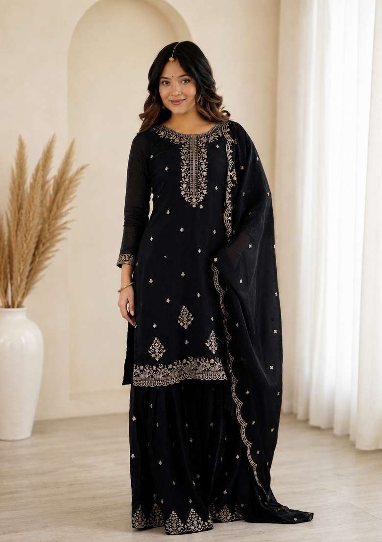 Black Sequin Work Silk Anarkali Set - Indya