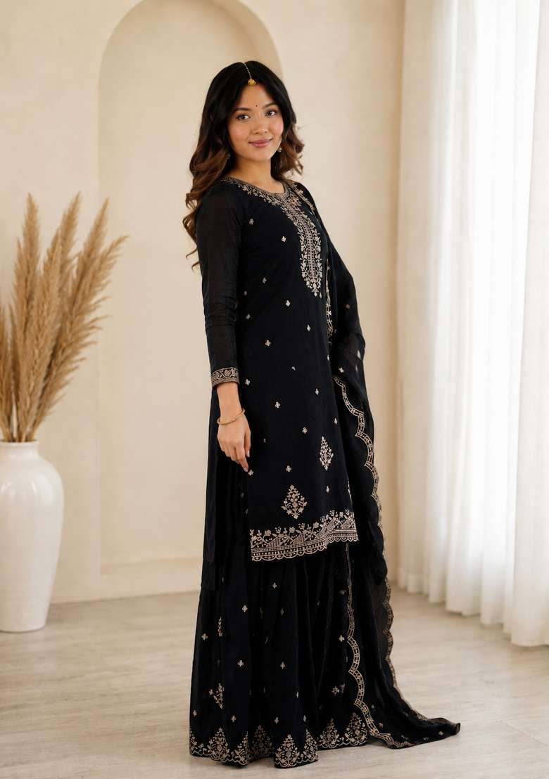 Black Sequin Work Silk Anarkali Set - Indya