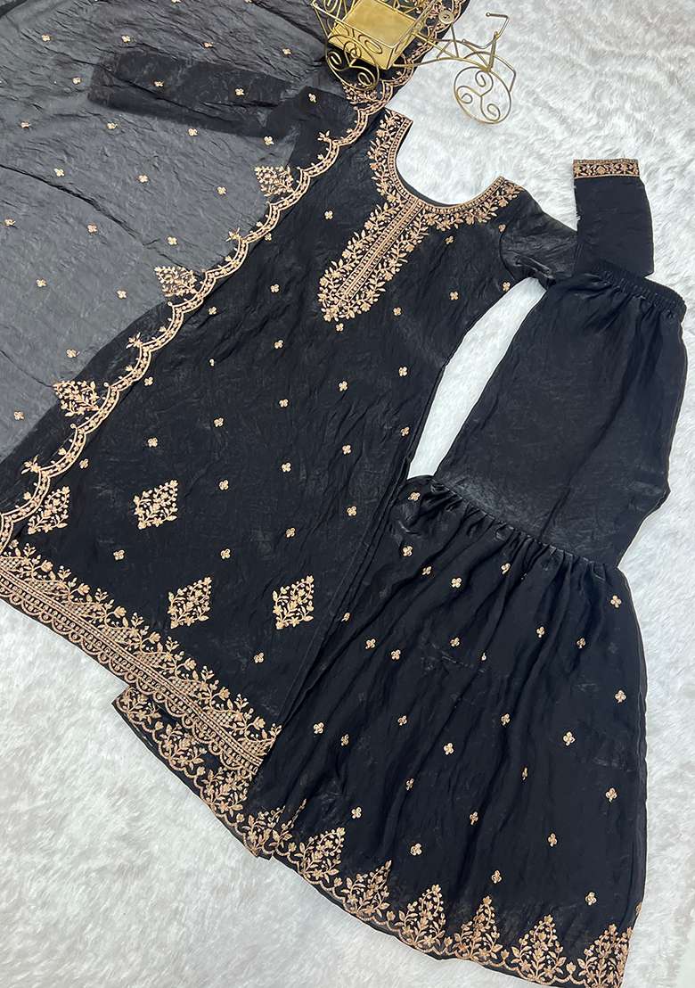 Black Sequin Work Silk Anarkali Set - Indya