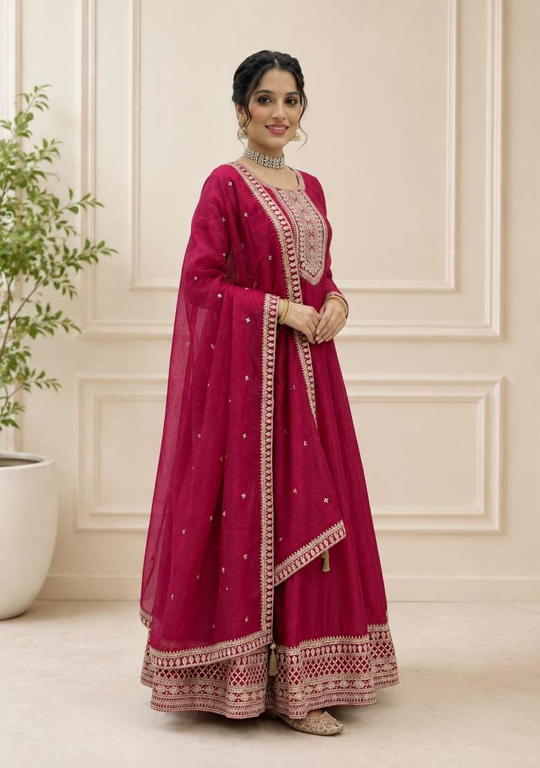 Pink Sequin Work Silk Anarkali Set - Indya