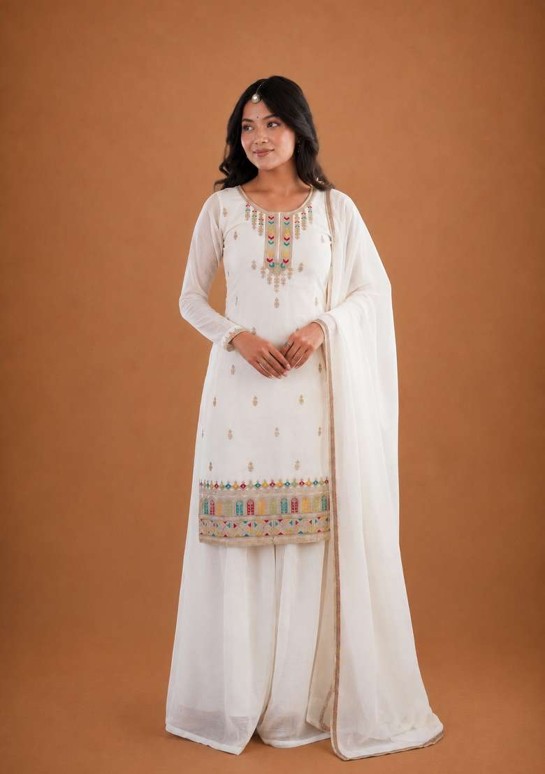 White Sequin Work Silk Anarkali Set - Indya