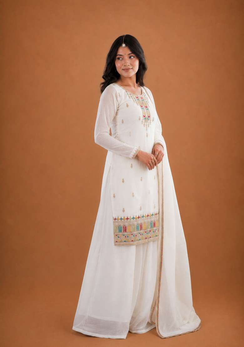 White Sequin Work Silk Anarkali Set - Indya