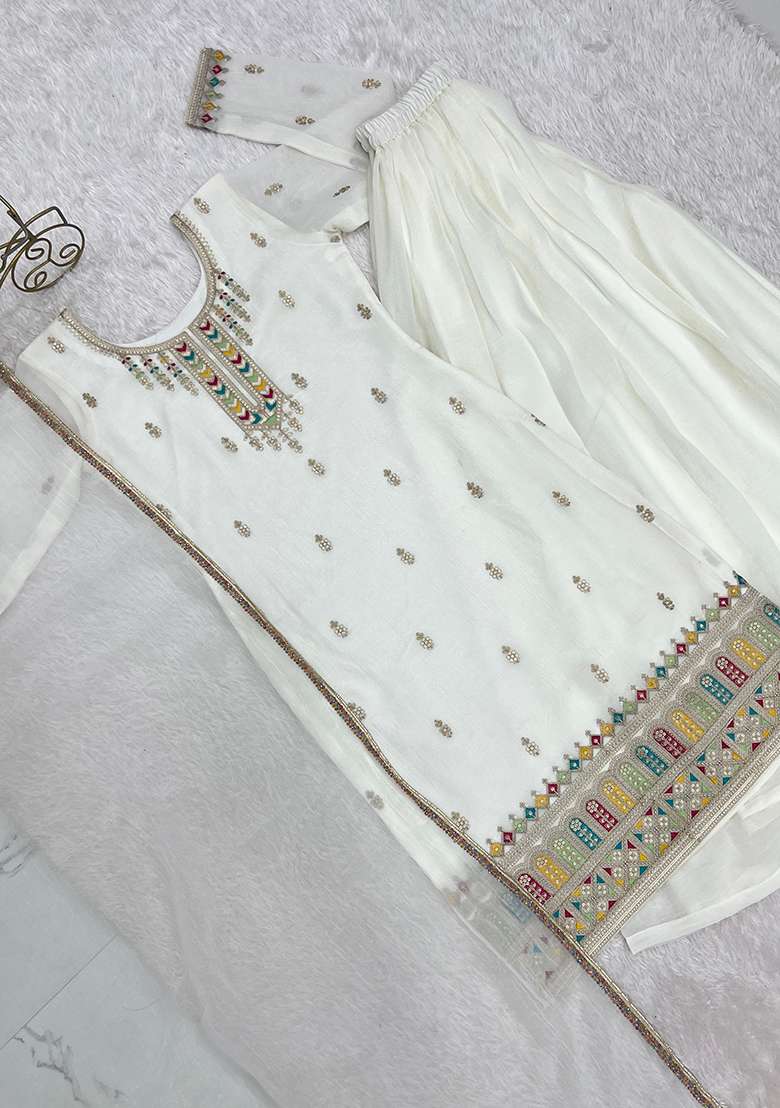 White Sequin Work Silk Anarkali Set - Indya
