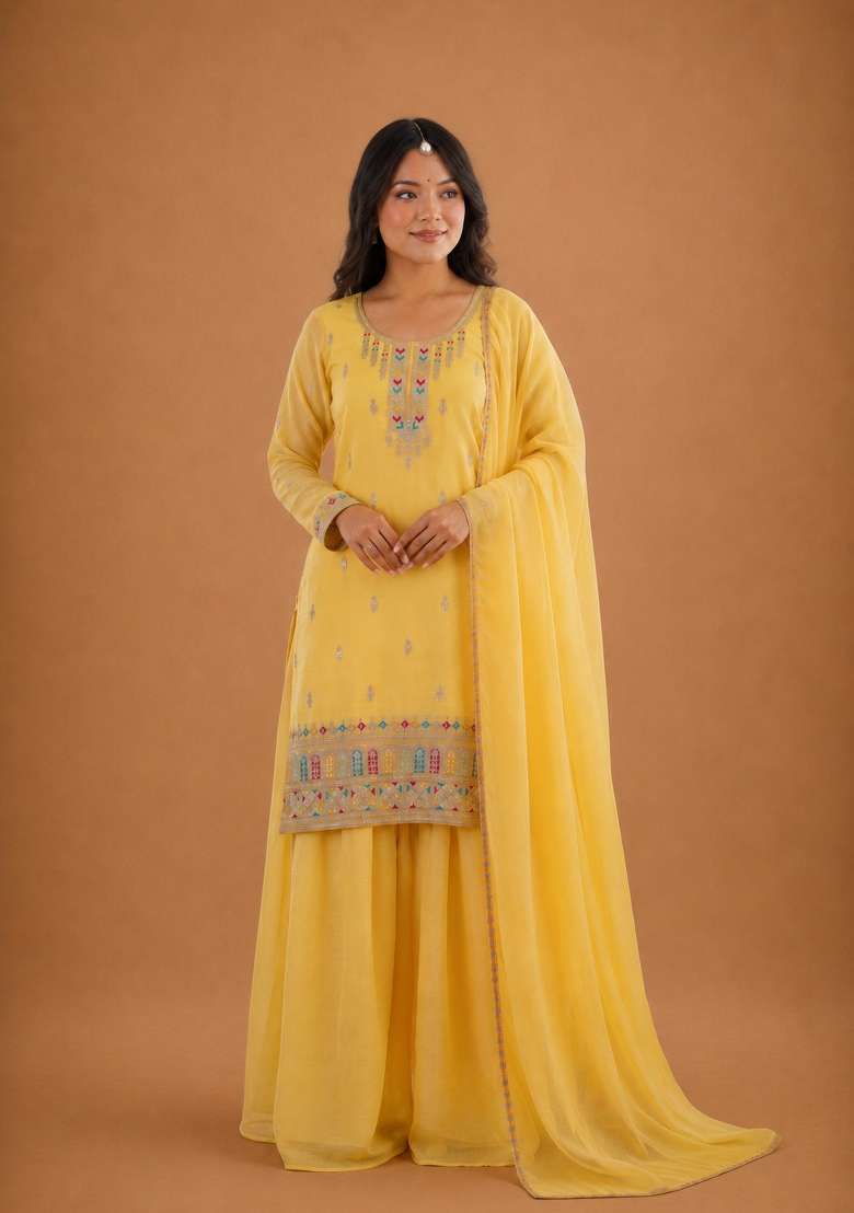 Yellow Sequin Work Silk Anarkali Set - Indya