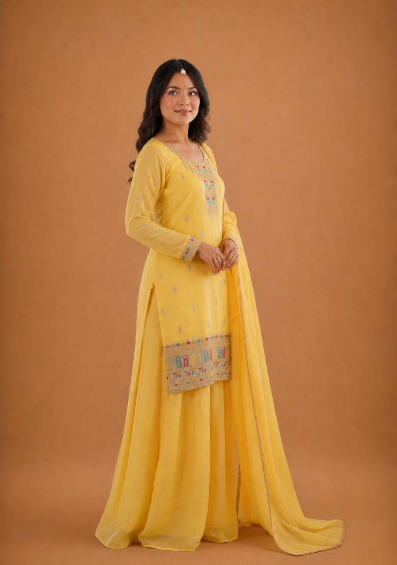 Yellow Sequin Work Silk Anarkali Set - Indya
