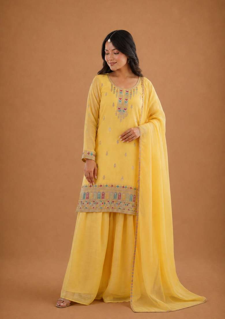 Yellow Sequin Work Silk Anarkali Set - Indya