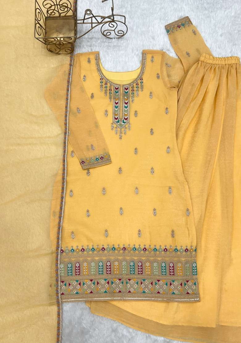 Yellow Sequin Work Silk Anarkali Set - Indya