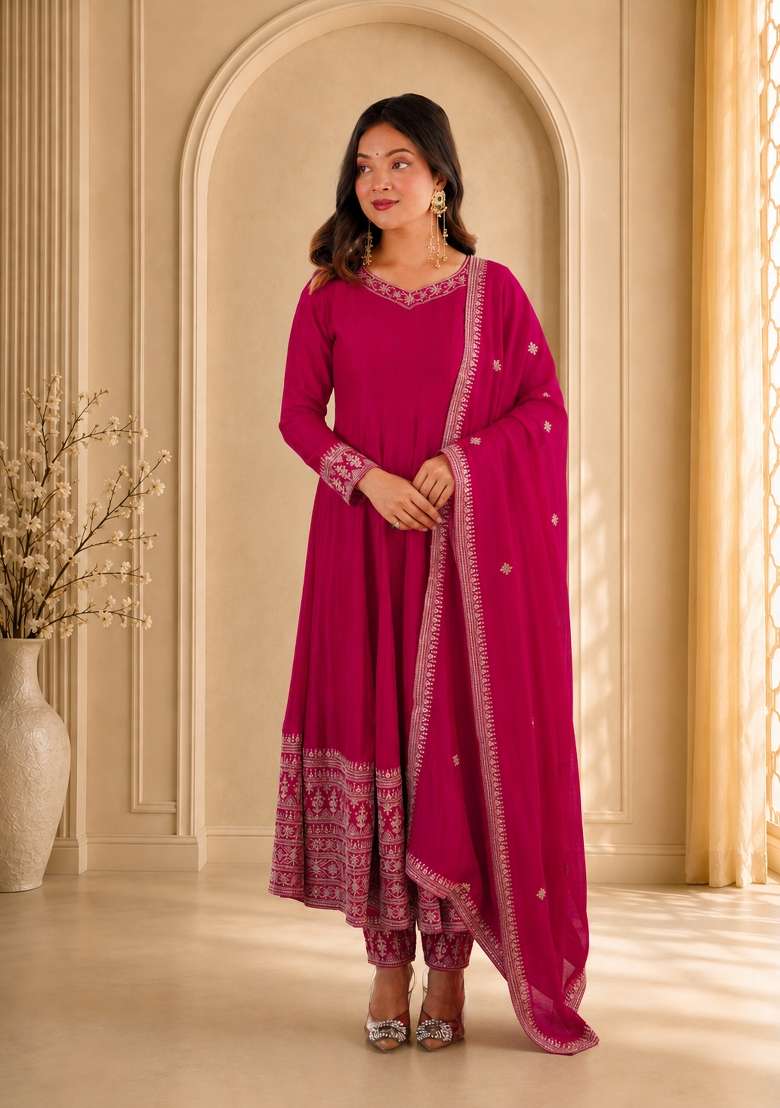 Pink Sequin Work Silk Anarkali Set - Indya