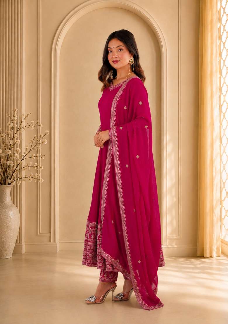 Pink Sequin Work Silk Anarkali Set - Indya