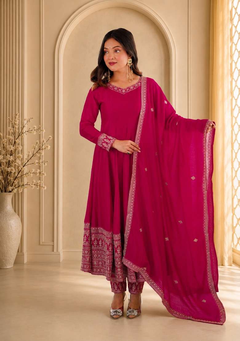 Pink Sequin Work Silk Anarkali Set - Indya