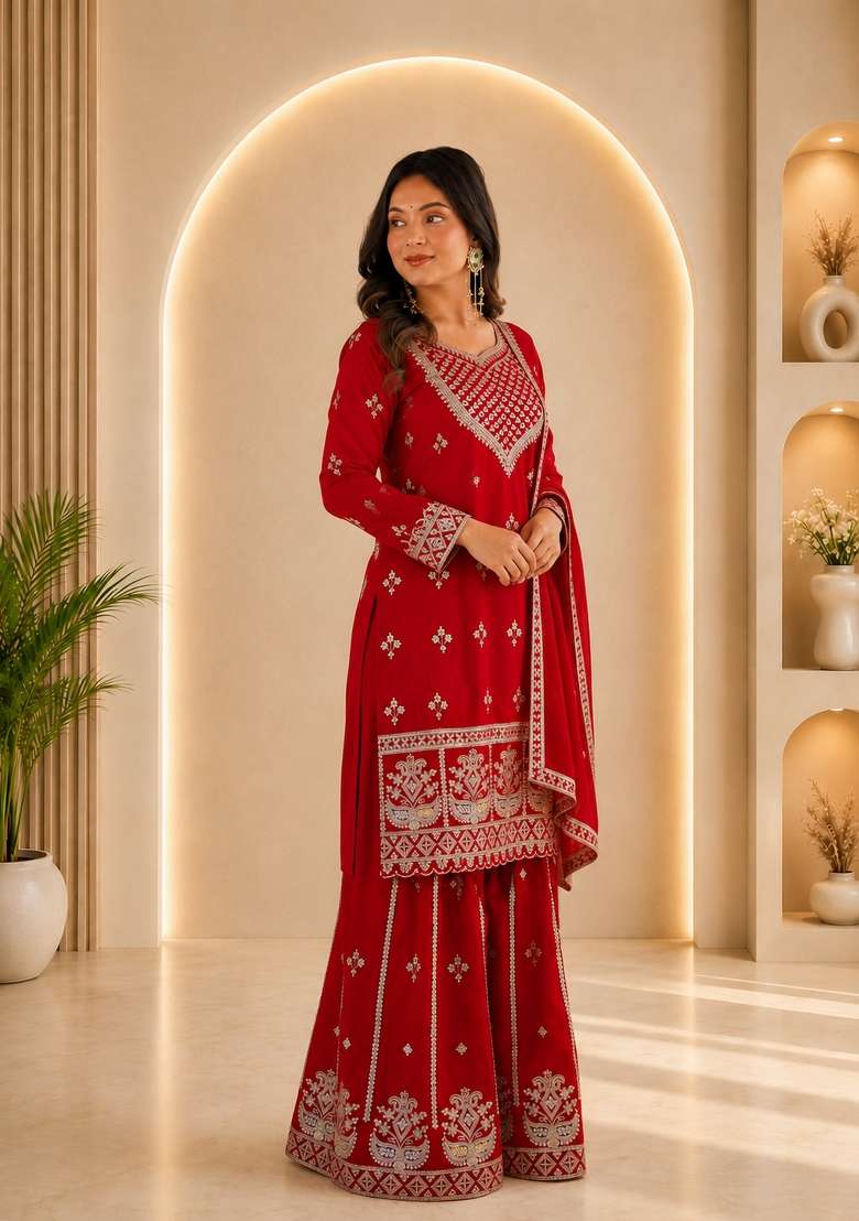 Red Sequin Work Georgette Anarkali Set - Indya