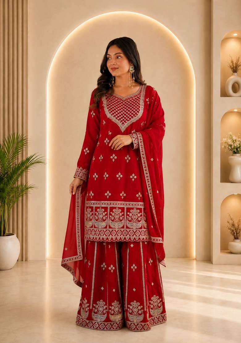 Red Sequin Work Georgette Anarkali Set - Indya