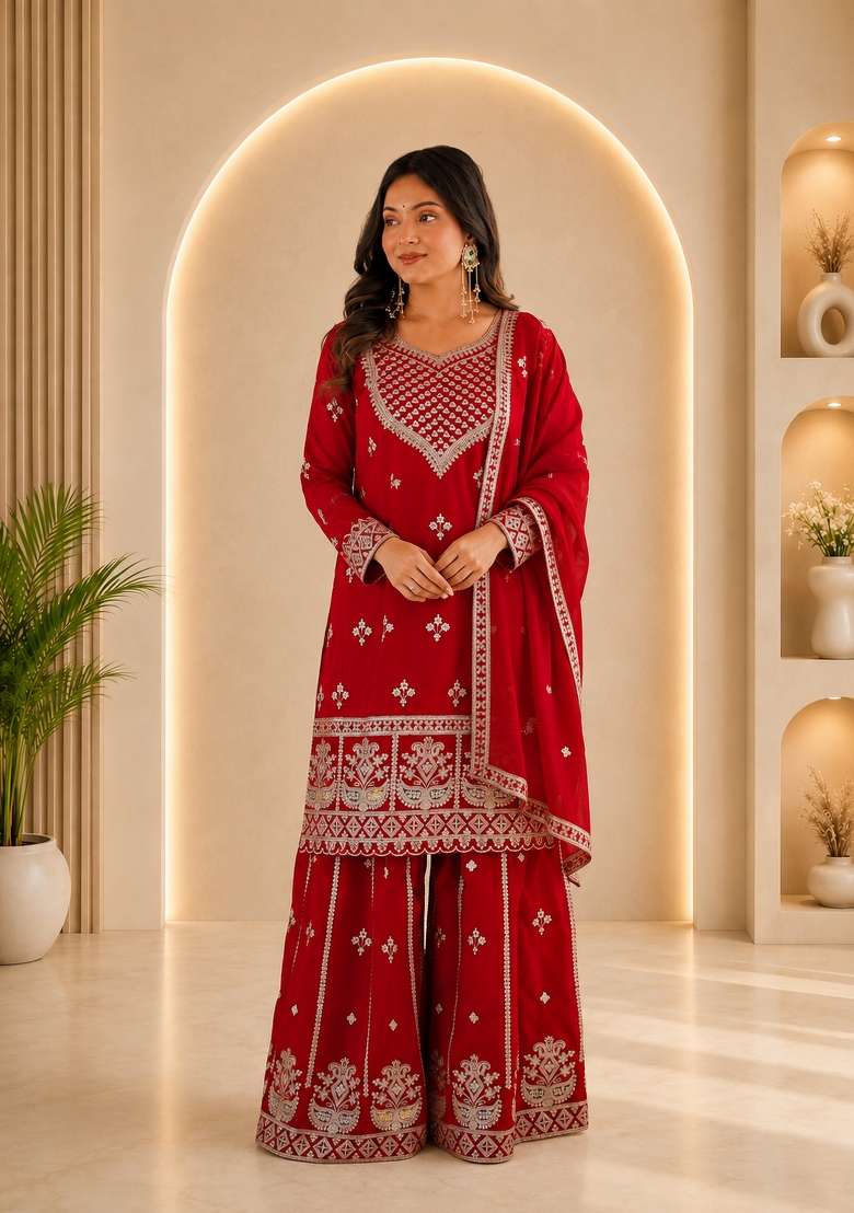 Red Sequin Work Georgette Anarkali Set - Indya