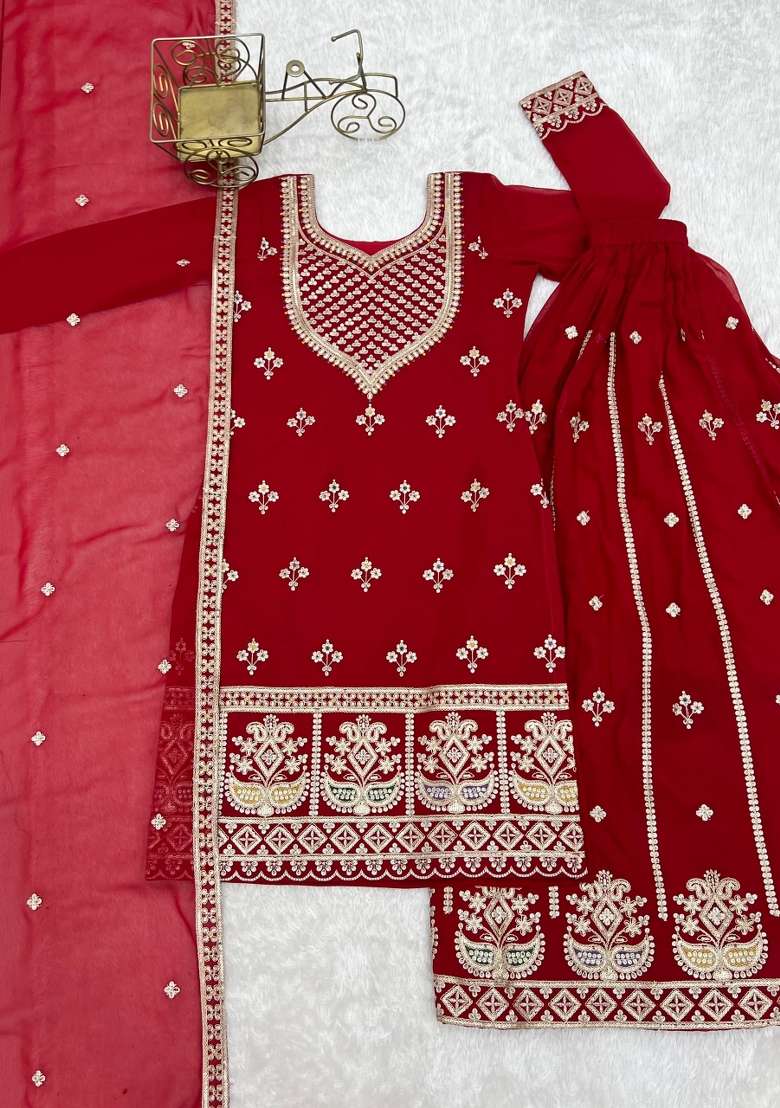 Red Sequin Work Georgette Anarkali Set - Indya