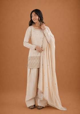 Off White Sequin Work Silk Lehenga Set