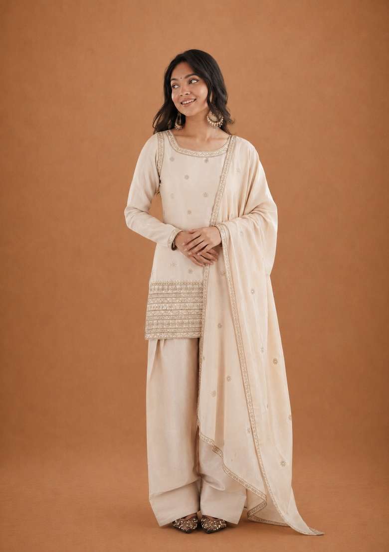 Off White Sequin Work Silk Anarkali Set - Indya