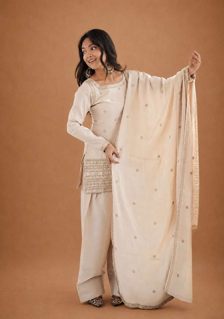 Off White Sequin Work Silk Anarkali Set - Indya