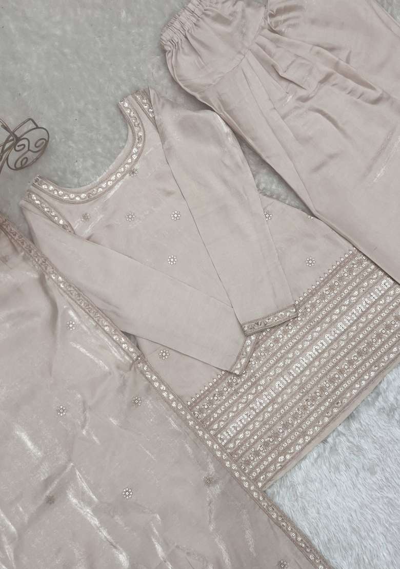 Off White Sequin Work Silk Anarkali Set - Indya