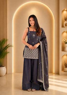 Grey Sequin Work Silk Lehenga Set