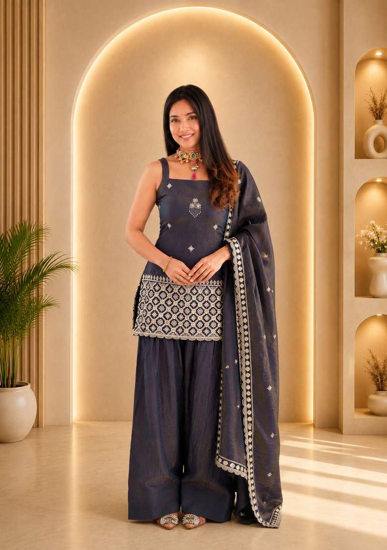 Grey Sequin Work Silk Anarkali Set - Indya