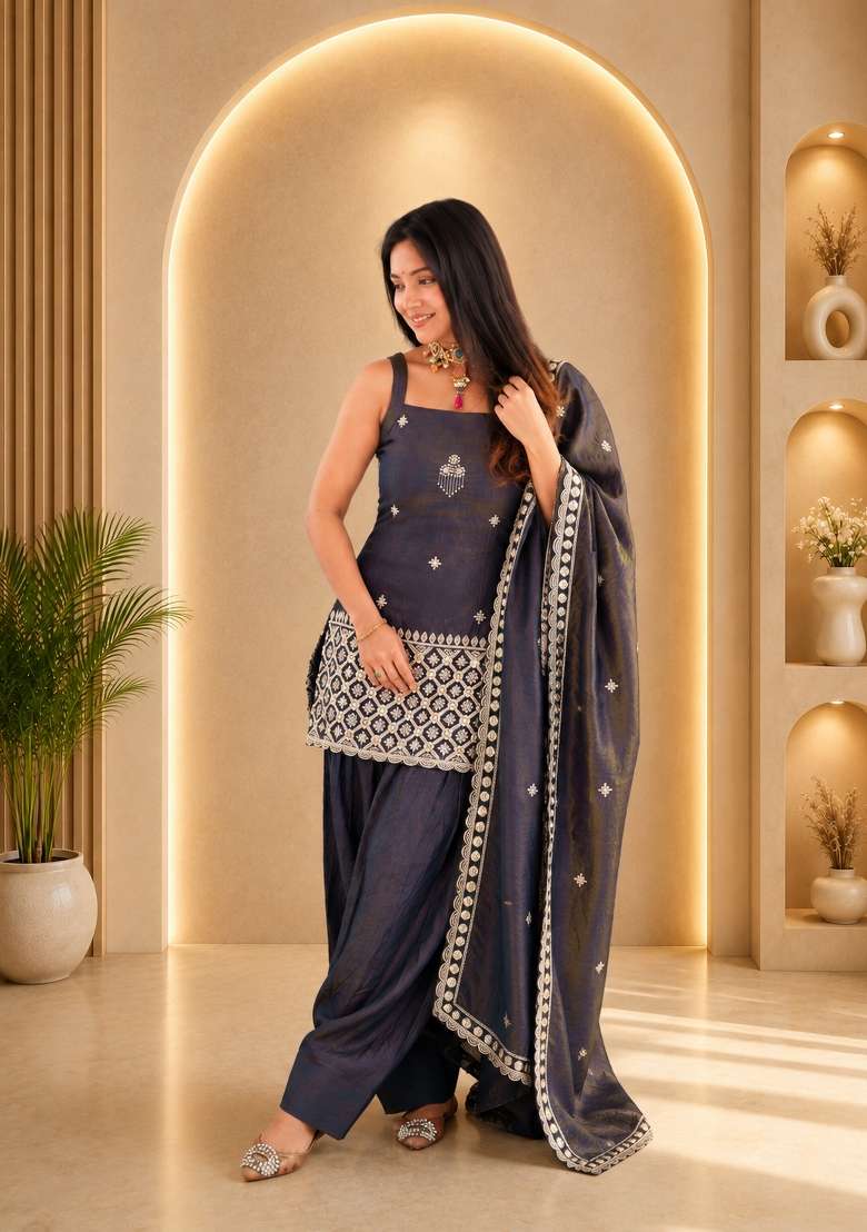 Grey Sequin Work Silk Anarkali Set - Indya