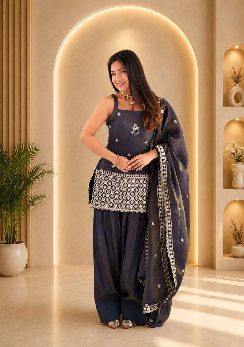 Grey Sequin Work Silk Anarkali Set - Indya