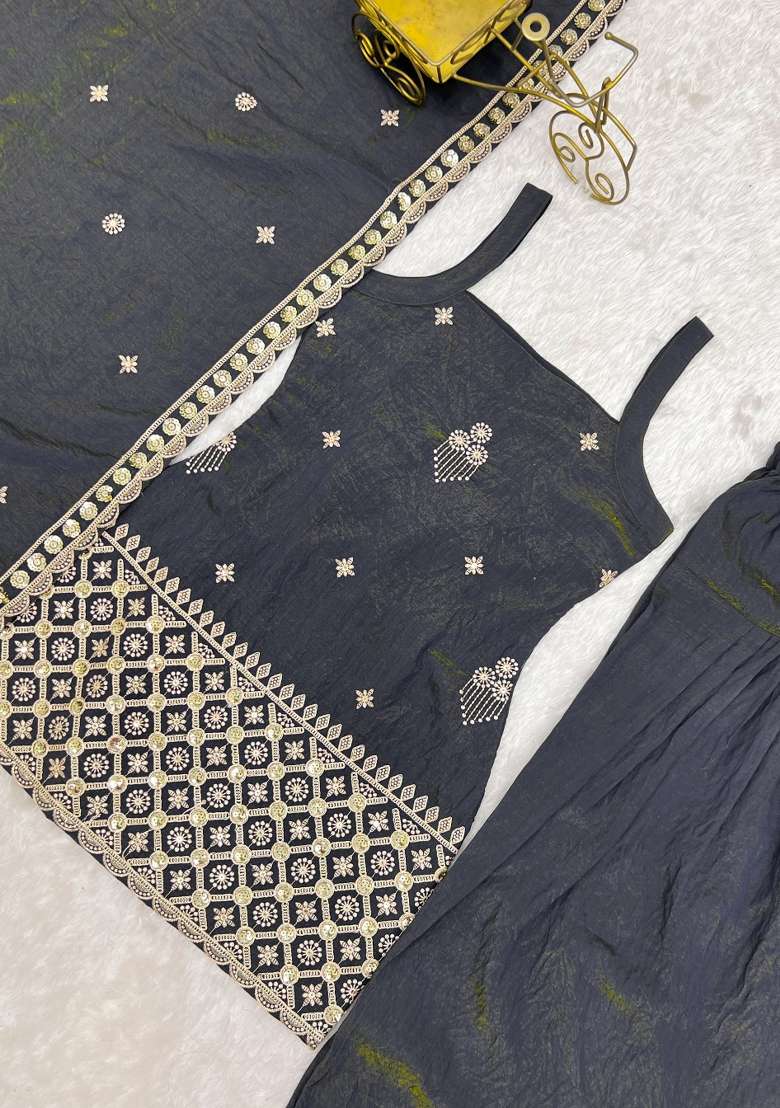 Grey Sequin Work Silk Anarkali Set - Indya