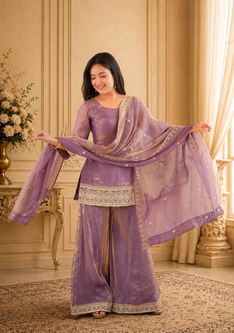 Light Pink Sequin Work Silk Anarkali Set - Indya