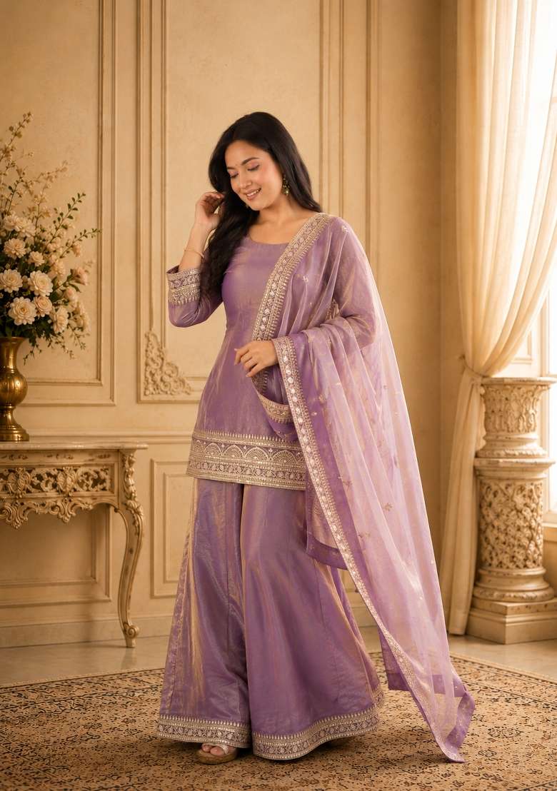 Light Pink Sequin Work Silk Anarkali Set - Indya