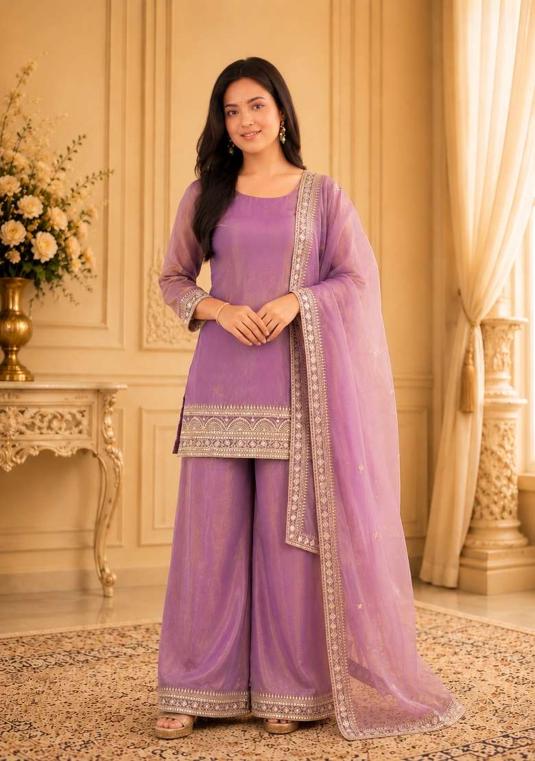 Light Pink Sequin Work Silk Anarkali Set - Indya