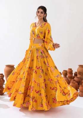 Yellow Printed Chinon Lehenga Set for Diwali and Festive Wear