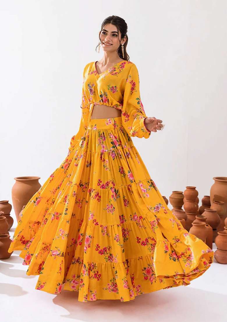 Yellow Printed Chinon Lehenga Set for Diwali and Festive Wear - Indya
