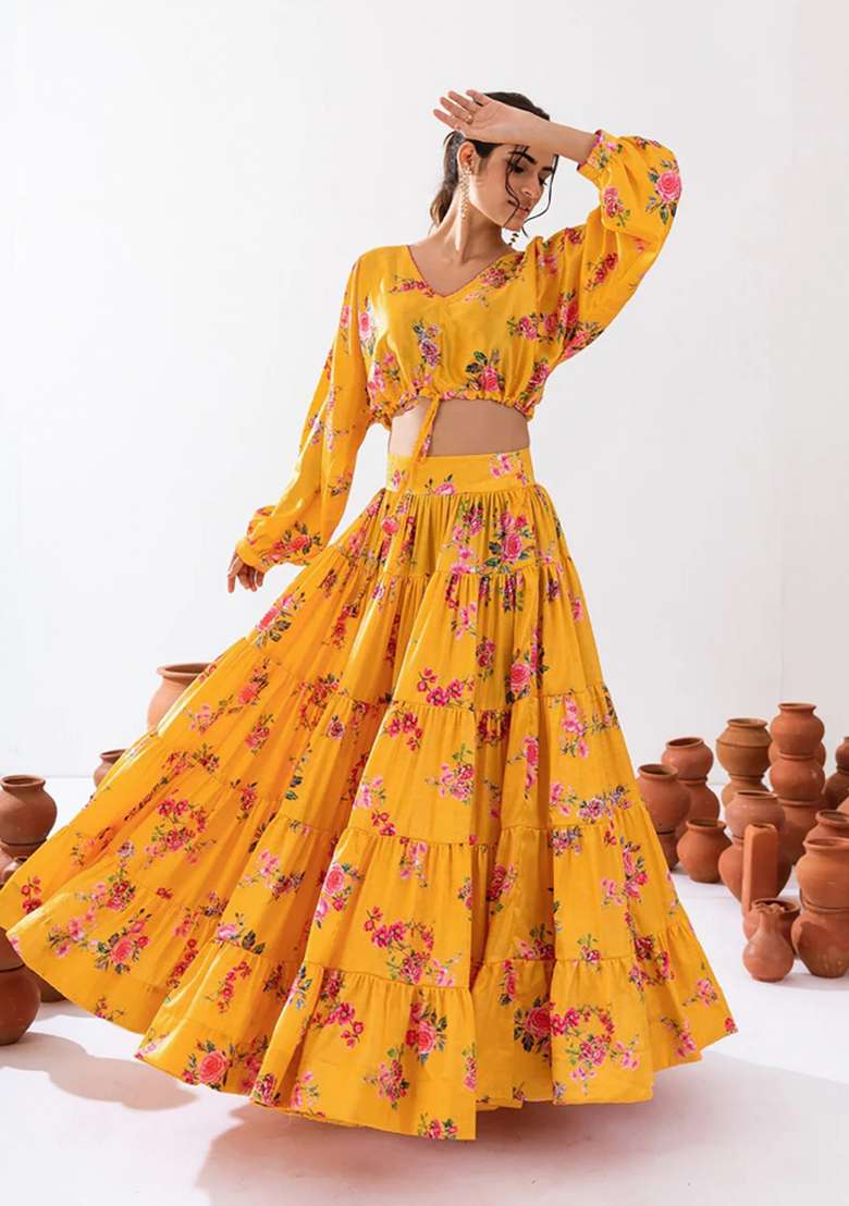 Yellow Printed Chinon Lehenga Set for Diwali and Festive Wear - Indya
