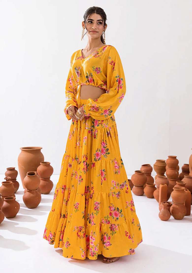 Yellow Printed Chinon Lehenga Set for Diwali and Festive Wear - Indya